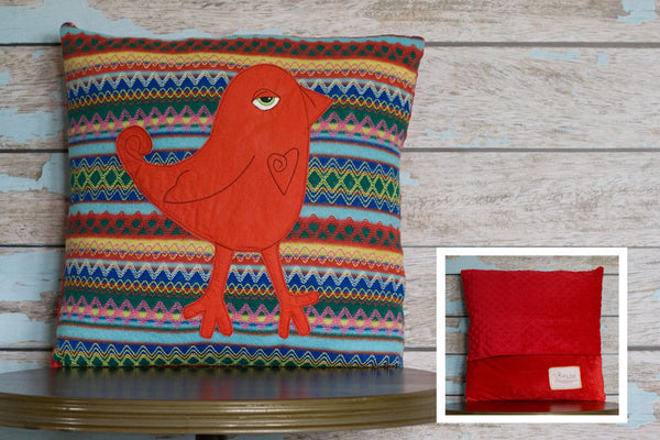 Tribal Red Appliqued Bird Pillow