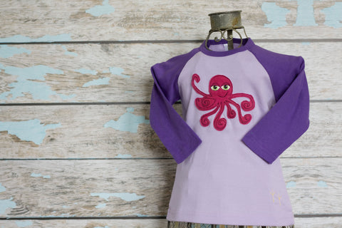 Hot Pink Octopus on Purple/Violet Raglan