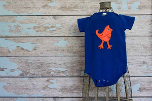 Fluorescent Orange Mohawk Bird on Electric Blue Organic Onesie