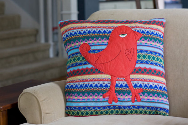 Tribal Red Appliqued Bird Pillow